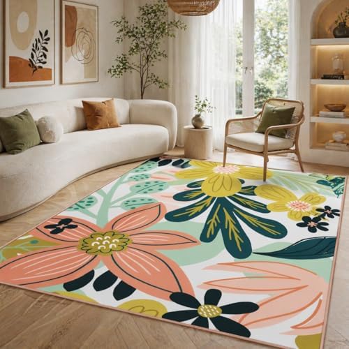 Tyrot Boho Floral Living Room Rug, 5x7 Rug Washable Tropical Botanical Area Rugs Flat Woven Ultra-Thin Non Slip Low Pile Carpet for Bedroom, Dining Room, Office, Kids Room, Pink Green by TyrotHomeDecor