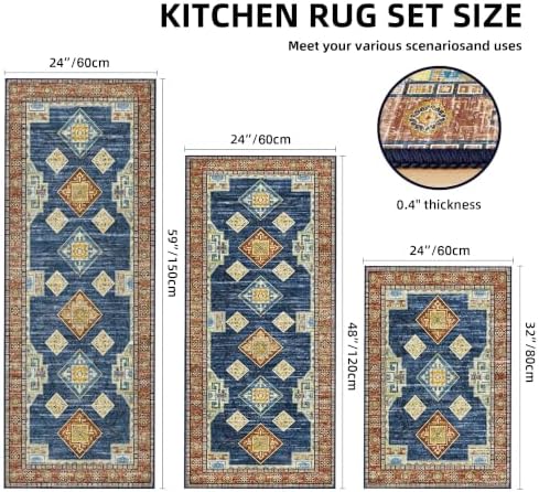 Kitchen Rugs Sets of 3 100% Non Slip Washable Kitchen Mats for Floor, Blue - Image 2