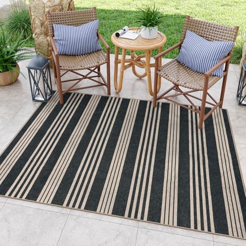 Lahome Striped Easy Jute Outdoor Patio Rug, 5x7 Area Rugs Washable Black - Image 3