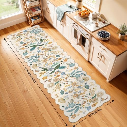 3x12 Washable Scalloped Floral Rug: Non Slip Long Hallway Runner Rug Cream - Image 2