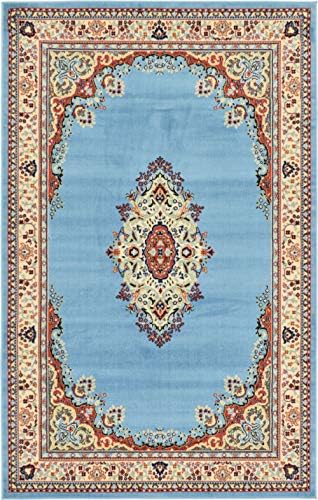 Unique Loom Reza Collection Traditional Persian Style Area Rug, Rectangular 5' 1" x 8' 0", Light Blue/Ivory - Image 4