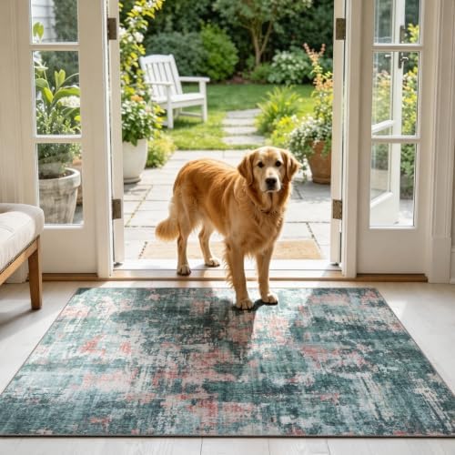 Sasttie 3x5 Entryway Area Rug, Modern Abstract Small Carpet, Pink & Green by SASTTIE