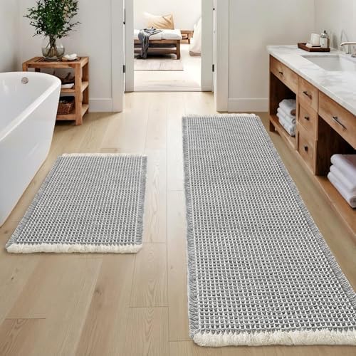 MIULEE Set of 2 Waffle Bathroom Rugs LightGrey&Cream 17"x24"+17"x48" by MIULEE