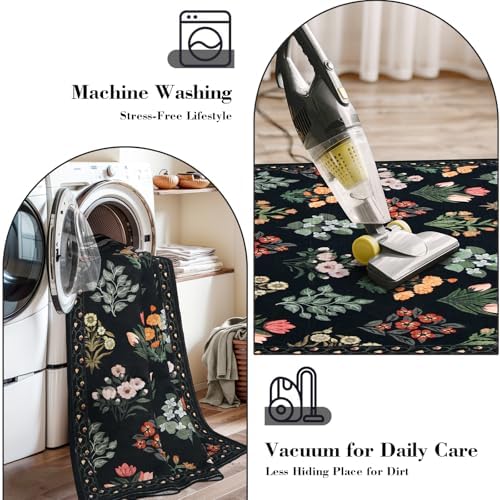 Wonnitar Floral Print Rug for Living Room, Black Washable 5x7 Area Rugs, Ultra-Thin Non Slip Stain Resistant Bedroom Carpet for Dining Room Playroom Office Dorm, Black/Multi - Image 5