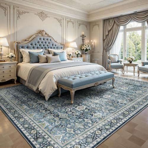 8x10 Area Rugs for Living Room - Washable Vintage Retro Large Rug, Soft Ultra Thin Non Slip Low Pile Traditional Distressed Boho Carpet for Bedroom Dining Room Home Office, Blue - Image 3
