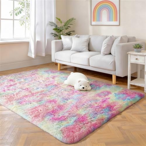 Ophanie 5x7 Rainbow Rug for Bedroom Girls,Unicorn Colorful Fluffy Soft Cute Fuzzy Area Rugs,Shag Plush Shaggy Bedside Floor Furry Carpet for Kids Baby Teen Dorm Home Decor with Over 99 pcs Pile fibers - Image 5