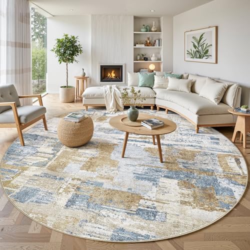 kakania Abstract 8x8 Round Rugs for Living Room: Circle Rugs 8FT Blue Gold - Image 5