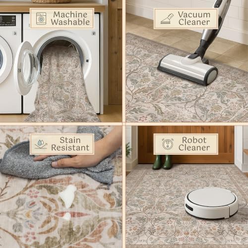 Vintage Floral Moss 2x6 Bathroom Runner Rug Non Slip - Washable Low Pile Hallway Runner, Thin Neutral Taupe Green Traditional Decor Floor Carpet for Entryway, Laundry Room, Bedroom - Image 4