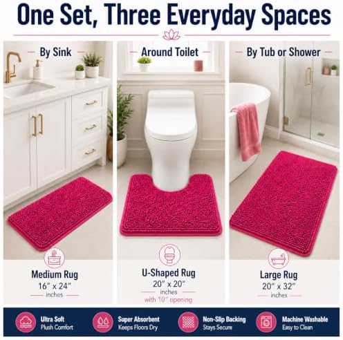 Deep Pink Plush Bath Set - 3 Piece Anti-Slip Mats, Soft Chenille Shaggy Mat for Bathroom, Bedroom & Living Room, Water Absorbent - Image 3