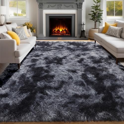 Abstract Rugs for Living Room Kids Room 5x8 Ft, Fluffy Shaggy Tie-Dyed Grey - Image 4