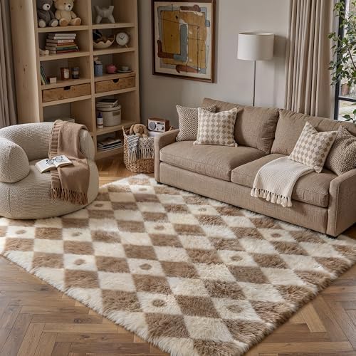 PureCozy Brown 5x7 Area Rug for Living Room Soft Checkered Shag Carpet by PureCozy