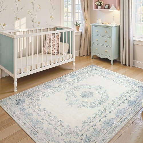 Wonnitar Bow Floral 5x7 Washable Rug, Blue Area Rug for Kids Room, Ultra-Thin Non Slip Soft Neutral Aesthetic Decor Carpet for Living Room Farmhouse Dining Room Office Playroom by Wonnitar