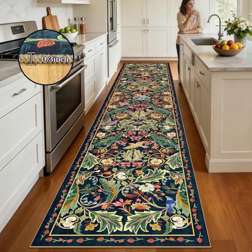 nesrt 3'x14' Washable Extra Long Boho Runner Rug, Soft Non-Slip Hallway Kitchen Carpet Runner, Thin Jungle Bird Indoor Decor Rug for Farmhouse, Living Room, Bedroom (Dark Green) - Image 2