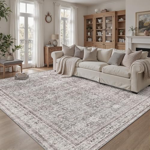 DCX Gray 5x7 Rug, Kid & Pet Friendly with Rubber Back Non Slip, Machine Washable Stain Resistant Vintage Traditional Distressed Carpet, Rug for Living Room, Bedroom, Home Decor by DCXWashableRug