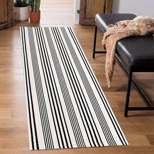 Black and White Striped Runner Rug 2x6ft,Washable Outdoor Entryway Rug by BUAGETUP