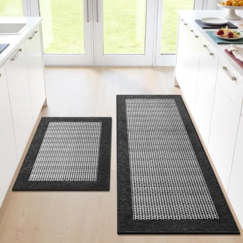 StepRite Kitchen Rugs 2 PCS, Kitchen Mats for Floor, 20"X32"+20"X47", Black by Bringcushiontoyourlife