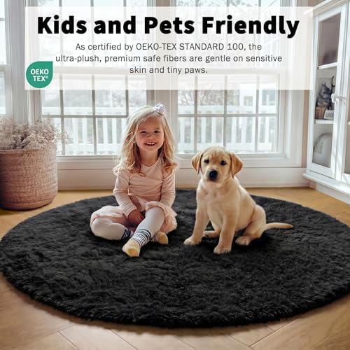 ONASAR Black Round Rugs 7ft for Living Room, Fluffy Bedroom Circle Area Rug, Soft Plush Shaggy Carpet for Kids Girls Boys Teen Nursery Dorm Classroom Playroom Home Decor Aesthetic - Image 6
