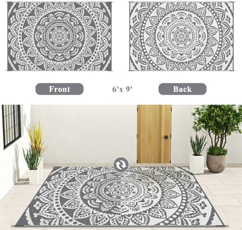 Bsmathom Waterproof Outdoor Rug 6'x9' Reversible Boho Plastic Straw Patio Deck Camping Rugs, Indoor Outdoor Portable RV Mat Clearance Carpet for Outside, Porch, Balcony, Backyard, Beach, Pool,Grey - Image 4