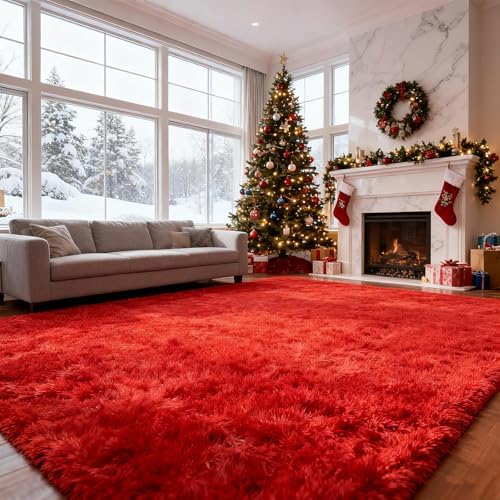 Red Shag Area Rugs for Bedroom Living Room,Ultra Soft Fluffy Christmas Area Rugs 4X6 for Dorm,Indoor Carpet Plush Rugs for Living Room Home Decor,Red by Boshengya