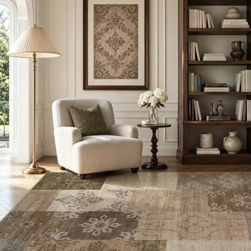 UERMEI 9x12 Area Rug for Living Room, Washable Brown Modern Geometric Patchwork Non Slip Stain Resistant Low Pile Foldable Carpet for Bedroom Dining Farmhouse Home Office - Image 2