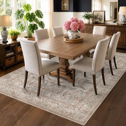 Moss Green 5x7 Washable Living Room Rug, Vintage Farmhouse Dining Room Rugs for Under Table, Machine Washable Low Pile Kitchen Carpet, Non Slip Stain Resistant Large Throw Carpet for Entryway Bedroom - Image 3