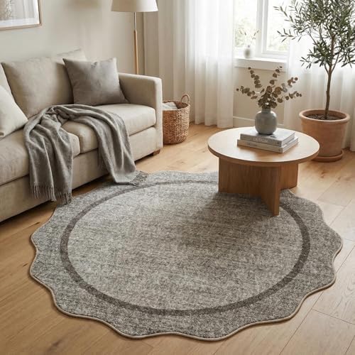 GarveeHome Scalloped Washable Small Round Rug 3 ft Non-Slip, Brown by GarveeHome