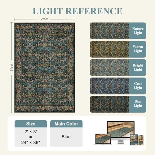 DUKINO 2x3 Entryway Rug, Washable Vintage Floral Area Rug, Blue - Image 2