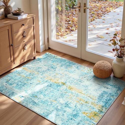 Entryway Rug 3x5 Teal Blue Bedroom Area Rug Washable Non Slip Abstract Boho Rugs for Indoor Entry, Kitchen, Classroom, Bathroom, Kids Girls Room, Office, College Dorm Small Carpet by OmpaaHomeDecor