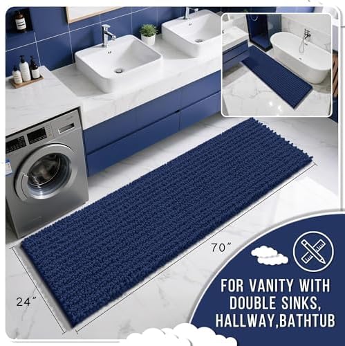 Yimobra Bathroom Runner Rug 70x24 Inch - Extra Long Non Slip Chenille Bath Mat, Soft & Absorbent, Machine Washable Shaggy Hallway Carpet for Vanity Tub Shower, Navy Blue Home Decor Accessories - Image 2