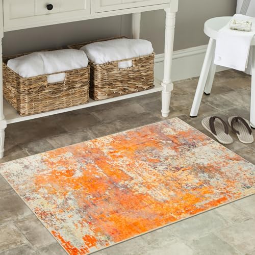 Lahome Modern Abstract Small 2x3 Rug - Washable Kitchen Rugs Non Slip Front Indoor Mat for Entry Bathroom, Contemporary Soft Throw Carpet for Entryway Bedside, Orange/Yellow - Image 3