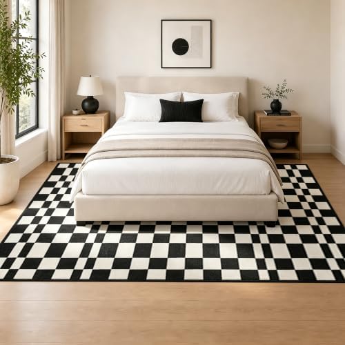 6x9 Checkered Rug for Living Room, soft Low Pile black and white Area Rugs - Image 2
