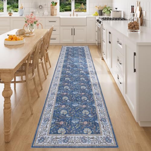 DUKINO 2x8 Runner Rug, Washable Vintage Floral Kitchen Rugs, Sky Blue by DUKINO