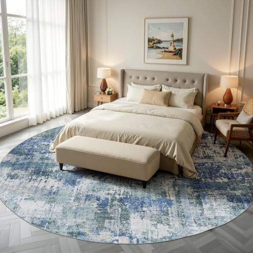 Sasttie 8ft Round Rug, Modern Abstract Large Circle Carpet, Blue & Green by SASTTIE