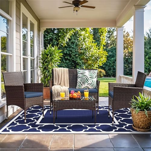 GENIMO Outdoor Rug, Waterproof Plastic Rugs for Patio, 4'x6' Blue White - Image 2