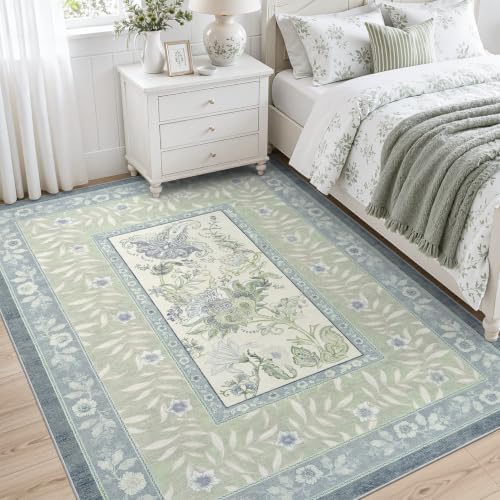 DCX Washable 4x6 Blue and Green Vintage Botanical Area Rug - Image 3