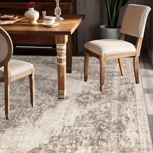 Area Rug 6x9 Vintage Rugs: Washable Indoor Medallion Rug Low Pile Distressed Floor Carpet Retro Accent Rugs for Living Room Bedroom Kitchen Dining Table Home Office(Taupe, 6'x9') - Image 3