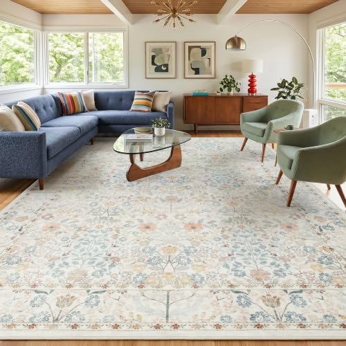 SparkleGaze Vintage White Ivory Beige Floral Living Room Rug, 8x10 Washable Area Rugs for Dining Room Under Kitchen Table, Bedroom, Farmhouse Ultra Soft Low Pile Stain Resistant Non-Slip Large Carpet by SparkleGaze