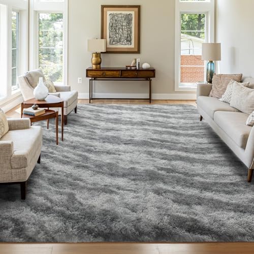 6x9 Non-Slip Fluffy Area Rugs For Living Room (Tie-dye Striped Grey) by FinRe%CC%80cHome