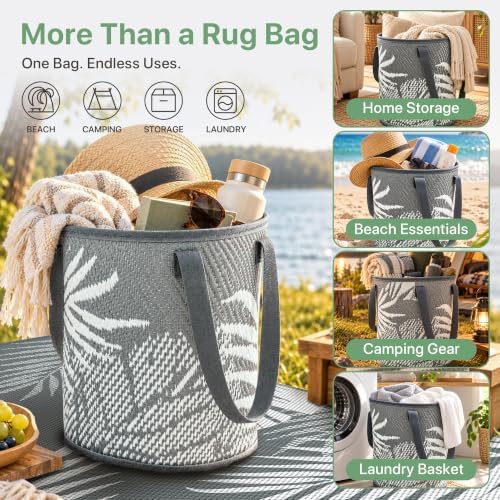 GENIMO Outdoor Rug 6' x 9' Waterproof for Patios Clearance, Reversible Plastic Straw Camping Carpet with Round Storage Bag, Large Area Rugs and Mats for RVs,Garden, Beach, Gray & White - Image 5