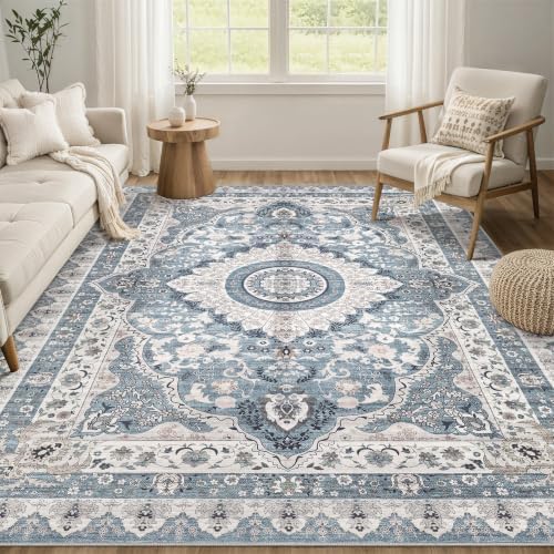 Washable 5x7 Area Rugs: Blue Rug for Living Room by ZUNTKON