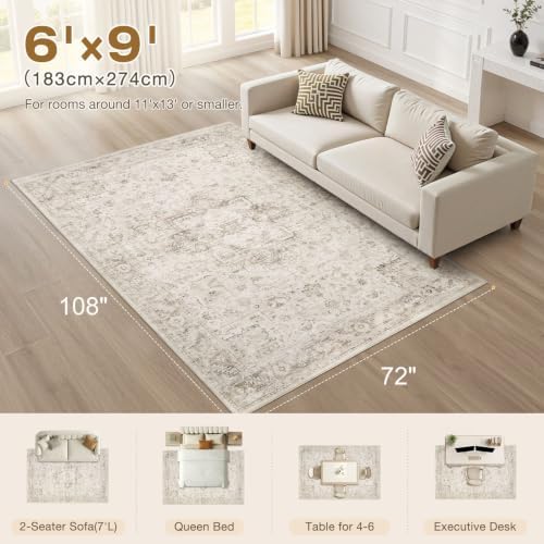 6x9 Area Rug for Living Room, Washable, Traditional, Distressed Beige - Image 2