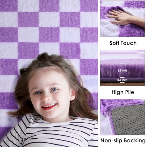 KICMOR Purple Rugs for Living Room Bedroom, 5x7 Fluffy Soft Checkered Area Rug Fuzzy Shag Shaggy Carpet, Indoor Furry Plush Floor Rugs for Kids Girls Boys Baby Teen Dorm Nursery Home Decor Aesthetic - Image 2