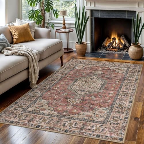 KUTA Vintage Area Rug 4x6 Living Room Washable Entryway Rug Terracotta - Image 3