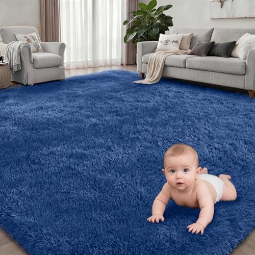 Area Rug Living Room Bedroom: 4x6 Fluffy Plush Shag Carpet Blue - Image 2