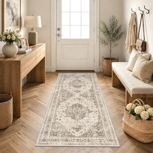 2x5 Washable Kitchen Runner Rug Non-Slip Medallion Taupe Throw Carpet - Image 4