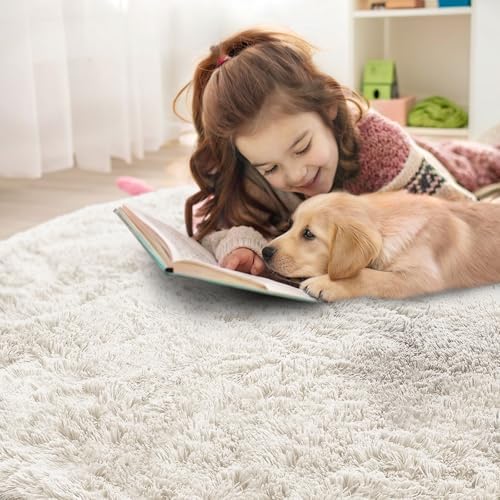 OLANLY Ivory Round Rugs for Bedroom - Machine Washable, 2 ft Circle Area Rugs for Living Room, Soft and Fluffy Shaggy Carpet for Teen Girls and Boys, Nursery Rooms, Dorms, Home Decor Aesthetic - Image 5