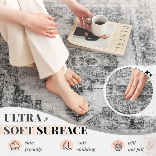 Area Rug 9x12 Vintage Rugs: Large Washable Indoor Medallion Rug Low Pile Distressed Floor Carpet Retro Accent Rugs for Living Room Bedroom Kitchen Dining Table Home Office(Black, 9'x12') - Image 5