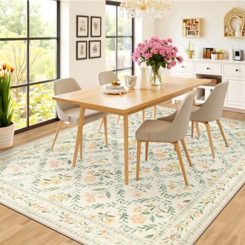 PLHXFR Area Rug 10x14 Living Room: Floral Washable Boho Carpet Beige Multi - Image 4