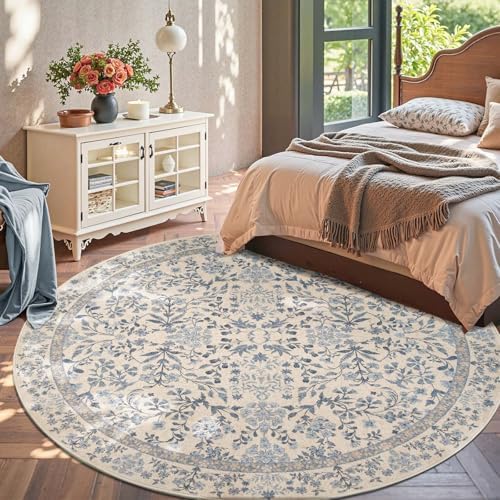 jinchan 8ft Washable Round Area Rug, Vintage Floral, Blue/Cream - Image 3
