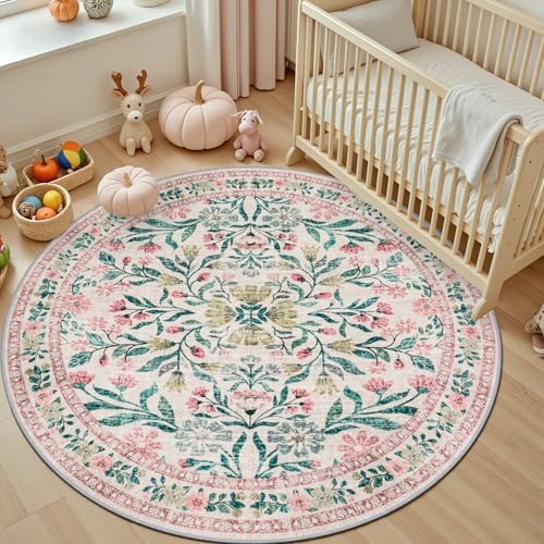 PLHXFR Round Area Rug Living Room: 4 ft Floral Washable Carpet Pink Green - Image 5